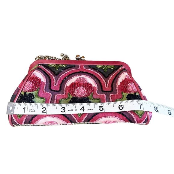 Isabella Fiore Pink/Green Beaded Tulip Flower Kiss Lock Bag Purse Chain Strap - Picture 2 of 5